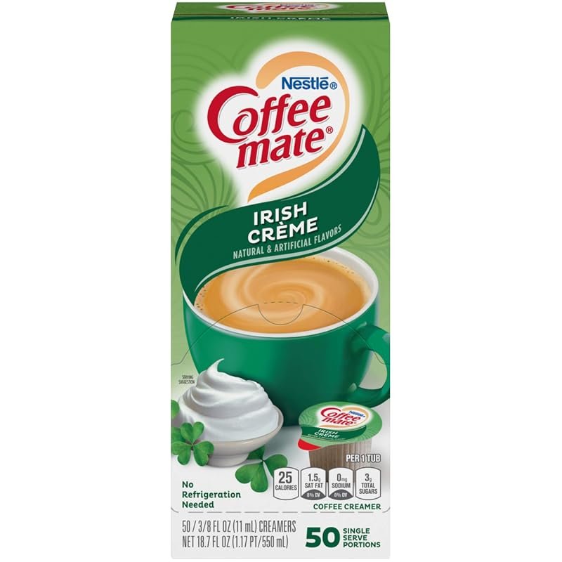 Coffee‑Mate Irish Creme liquid creamer offers 50 single‑serve 3/8‑fl o