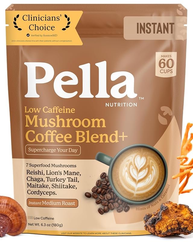 Pella Nutrition low‑caffeine instant mushroom coffee powder provides g