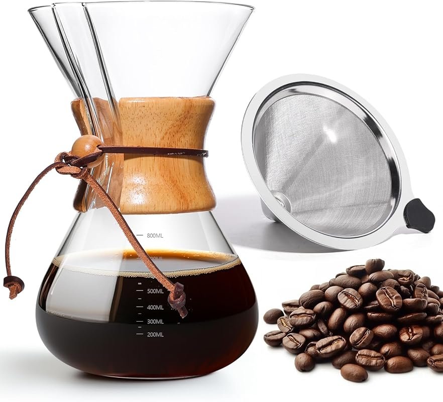 27‑oz 8‑Cup Borosilicate Glass Pour‑Over Coffee Maker with Reusable St