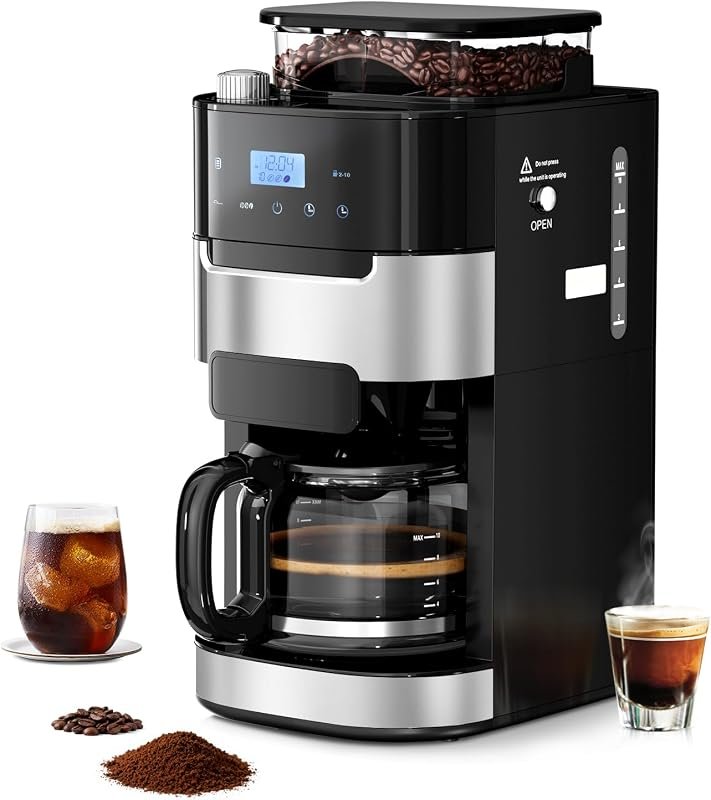 10‑Cup Drip Coffee Maker with Built‑In Grinder, Programmable Brew Stre