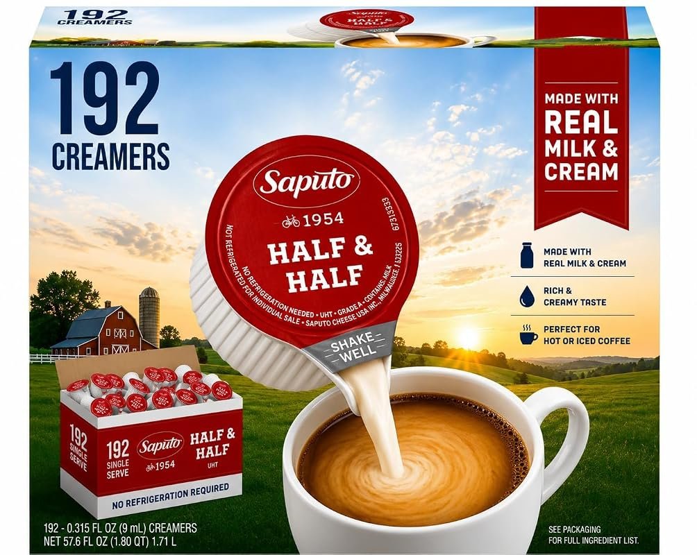 Convenient Half & Half coffee creamer singles, 192 count, no‑refrigera