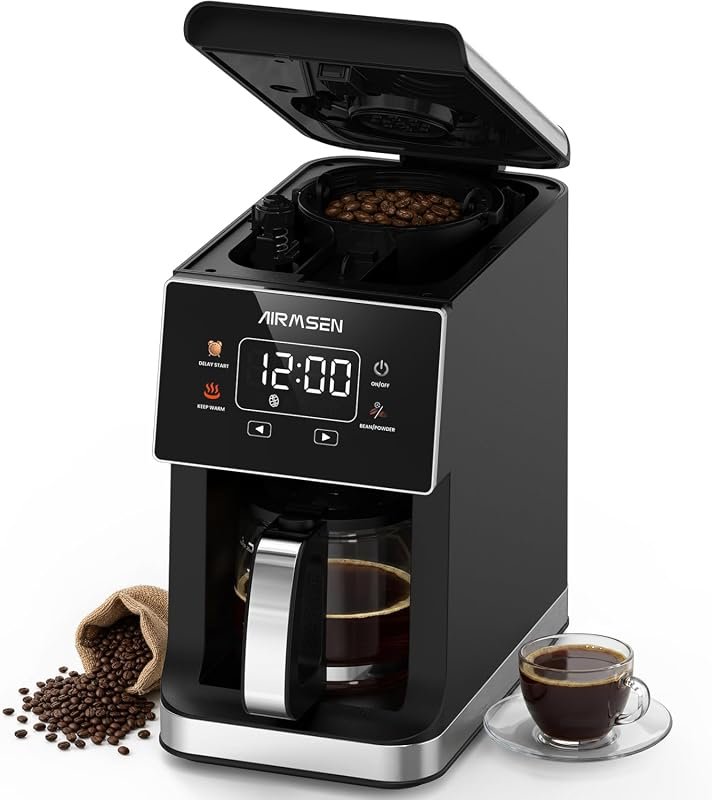 AIRMSEN 5‑Cup Grind & Brew Coffee Maker with Built‑In Grinder, Single‑