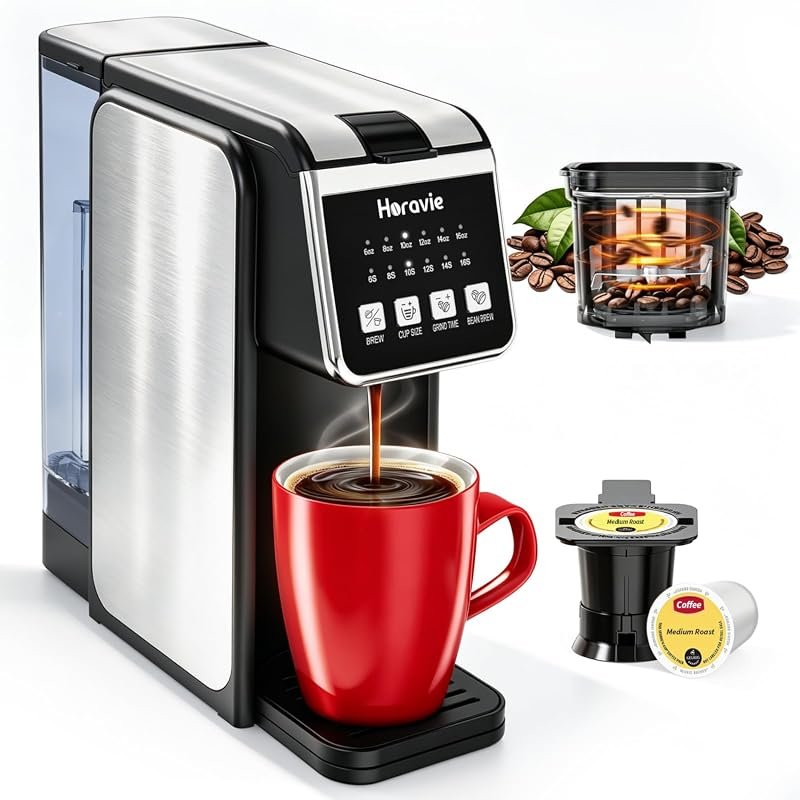 Horavie Single‑Serve Coffee Maker with Built‑In Grinder, Adjustable Br